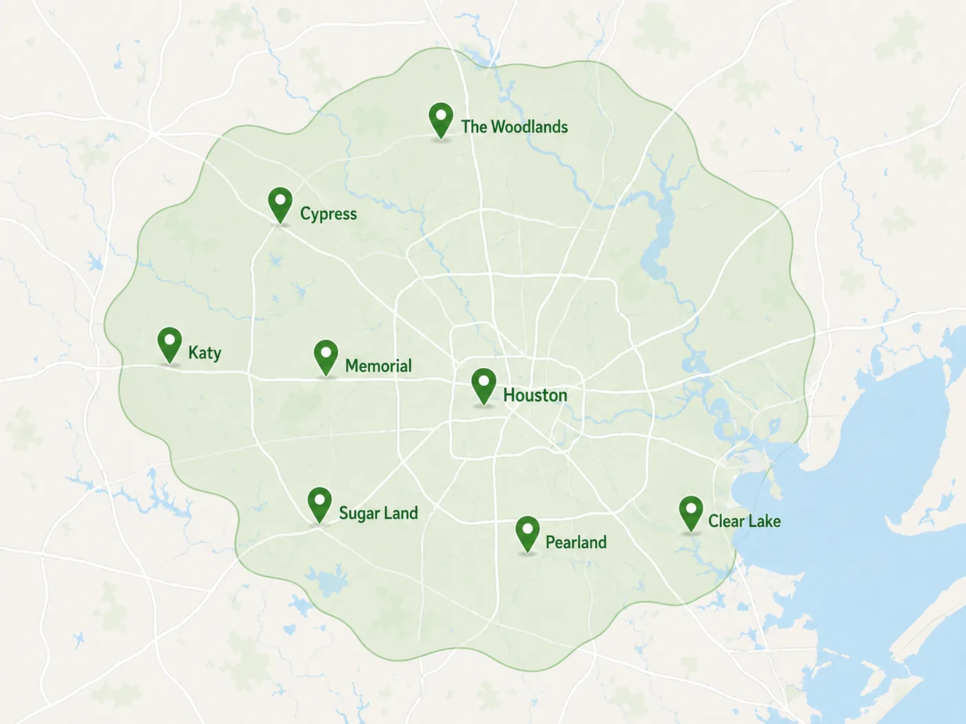 Map of Houston metro service area covering River Oaks, Memorial, Bellaire, West University, Sugar Land, Katy, The Woodlands, Pearland, and Cypress