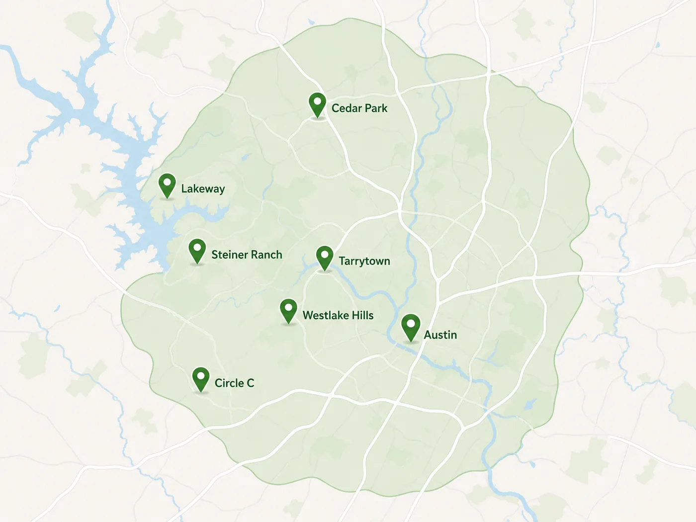 Map of Austin service area showing Austin, Westlake Hills, Tarrytown, Lakeway, Steiner Ranch, Cedar Park, and Circle C